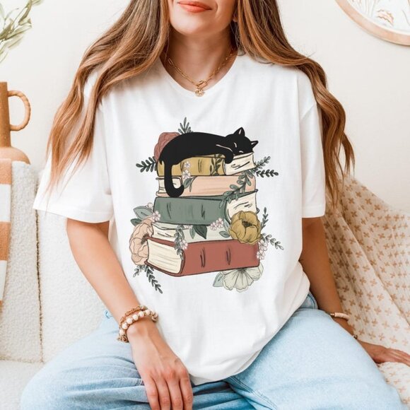 Tops - Cat Book Shirt, Books and Cats Tshirt, Reading Shirt